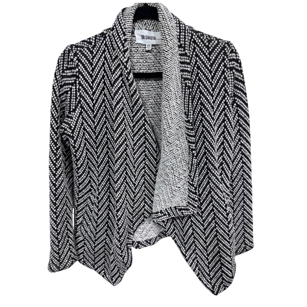 BB Dakota XS Open Front‎ Cardigan Chevron Chunky Knit Drape Boho Black White